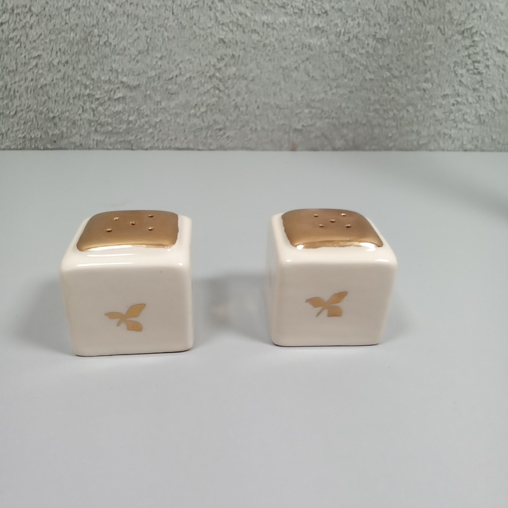 Vintage White Ceramic Cube Salt and Pepper Shakers Gold Butterfly MCM Decor